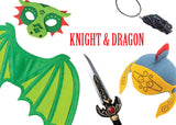 Childrens Medieval Knight and Dragon Costume Box with Dress Up Felt Helmet, Dragon Wings and Mask, Sword, and Dragon Glass Necklace in Adorable Suitcase Gift Box