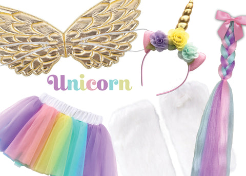 Childrens Unicorn Costume Box with Dress Up Unicorn Tail, Headband, Wings, Furry Leg Warmers, and Tutu in Adorable Suitcase Gift Box