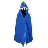 Blue Dinosaur Hooded Towel with white teeth and lime green spikes. A playful bath time essential for kids on a clean white background.