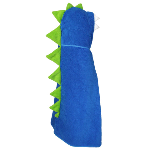 Side view of Childrens Hooded Towel - Blue Dinosaur design, revealing playful white felt teeth and a row of vibrant lime green felt spikes running down the back. A whimsical bath time accessory for kids, bringing dinosaur adventures to life.