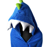 Close-up of Blue Dinosaur Hooded Towel hood, featuring playful white felt teeth and a charming character design. A delightful and whimsical bath time accessory for kids.