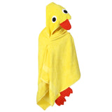 Full view of Yellow Duck Hooded Towel with charming felt eyes, and an adorable orange terry cloth beak and feet. A delightful and personalized bath time accessory for kids on a clean white background.