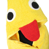 Close-up of Yellow Duck Hooded Towel, featuring felt eyes, and an adorable orange terry cloth beak and feet. A whimsical bath time companion for kids on a clean white background.