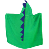 Back view of Childrens Hooded Towel - Green Dinosaur design, spread open to reveal a row of vibrant green felt spikes running down the spine. A whimsical and colorful bath time accessory for kids