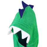 Close-up of Green Dinosaur Hooded Towel hood, featuring playful white felt teeth and a charming character design. A delightful and whimsical bath time accessory for kids.