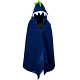 Navy Dinosaur Hooded Towel with white teeth and lime green spikes. A playful bath time essential for kids on a clean white background.