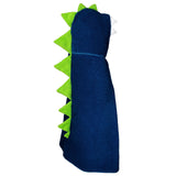 Side view of Children's Hooded Towel - Navy Dinosaur design, revealing playful white felt teeth and a row of vibrant lime green felt spikes running down the back. A whimsical bath time accessory for kids, bringing dinosaur adventures to life.