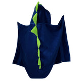 Back view of Children's Hooded Towel - Navy Dinosaur design, spread open to reveal a row of vibrant green felt spikes running down the spine. A whimsical and colorful bath time accessory for kids