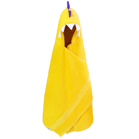 Yellow Dinosaur Hooded Towel with white teeth and purple spikes. A playful bath time essential for kids on a clean white background.