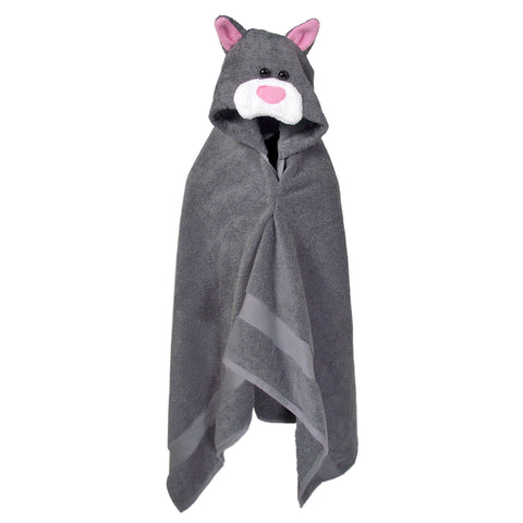 Gray Kitty Cat Hooded Towel - Unique design with beaded eyes, a pink nose, and cute two-tone ears on a clean white background. A charming bath time essential for kids