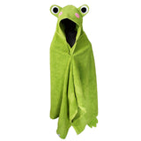 Green Frog Hooded Towel - Unique design with felt eyes, pink fleece cheeks, and green frog feet. Adorable bath time charm for kids on a white background.