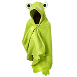 Green Frog Hooded Towel - Unique design with felt eyes, pink fleece cheeks, and green frog feet. Adorable bath time charm for kids on a white background.