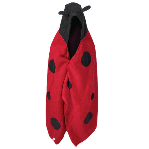 Full view of Children's Hooded Towel - Ladybug design, showcasing tiny black terry cloth antennae and a sea of black felt spots against a clean white background. A uniquely characterized and practical bath time accessory for kids of all ages.