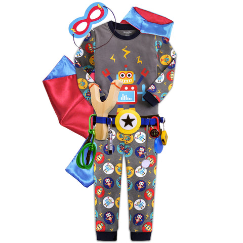 Children's Cotton Pajamas Robot PJs Jammies Set with Cape and Belt