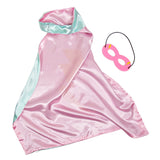 Underside View of Seafoam Superhero Cape, Revealing Vibrant Pink Silk Fabric, with Matching Felt Mask and Yellow Lightning Bolt Detail, Against a Clean White Background.