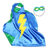 Blue and Green Reversible Superhero Cape and Mask Set with Yellow Lightning Bolt Detail, displayed on a Clean White Background.