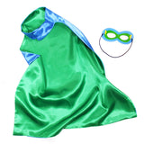 Underside View of Blue Superhero Cape, Revealing Green Silk Fabric, with Matching Felt Mask and Yellow Lightning Bolt Detail, Against a Clean White Background.
