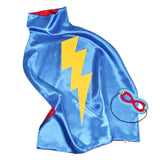 Blue and Red Reversible Superhero Cape and Mask Set with Yellow Lightning Bolt Detail, displayed on a Clean White Background.