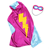 Pink and Blue Reversible Superhero Cape and Mask Set with Yellow Lightning Bolt Detail, displayed on a Clean White Background.