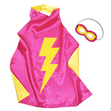 Pink and Yellow Reversible Superhero Cape and Mask Set with Yellow Lightning Bolt Detail, displayed on a Clean White Background.