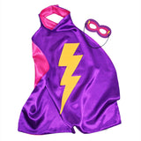 Purple and Pink Reversible Superhero Cape and Mask Set with Yellow Lightning Bolt Detail, displayed on a Clean White Background.