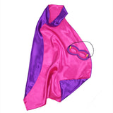 Underside View of Purple Superhero Cape, Revealing Vibrant Pink Silk Fabric, with Matching Felt Mask and Yellow Lightning Bolt Detail, Against a Clean White Background.