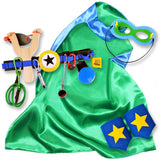 Green and Blue Kids Superhero Cape with Childrens Cuffs and Utility Tool Belt with Slingshot and Accessories
