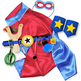 Red and Blue Kids Superhero Cape with Childrens Cuffs and Utility Tool Belt with Slingshot and Accessories
