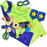 Navy and Lime Kids Superhero Cape with Childrens Cuffs and Utility Tool Belt with Slingshot and Accessories