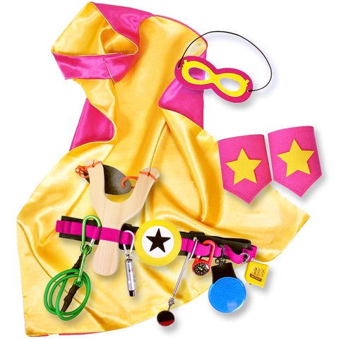 Pink and Yellow Kids Superhero Cape with Childrens Cuffs and Utility Tool Belt with Slingshot and Accessories