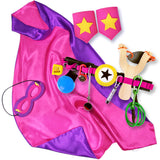 Pink and Purple Kids Superhero Cape with Childrens Cuffs and Utility Tool Belt with Slingshot and Accessories