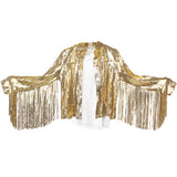 Gold sequin fringe jacket, arms spread, on a white background. Dazzling and chic, perfect for a glamorous statement look.