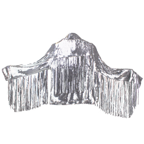 Back view of silver sequin fringe jacket on white background. Stunning details for a glamorous and chic statement piece.